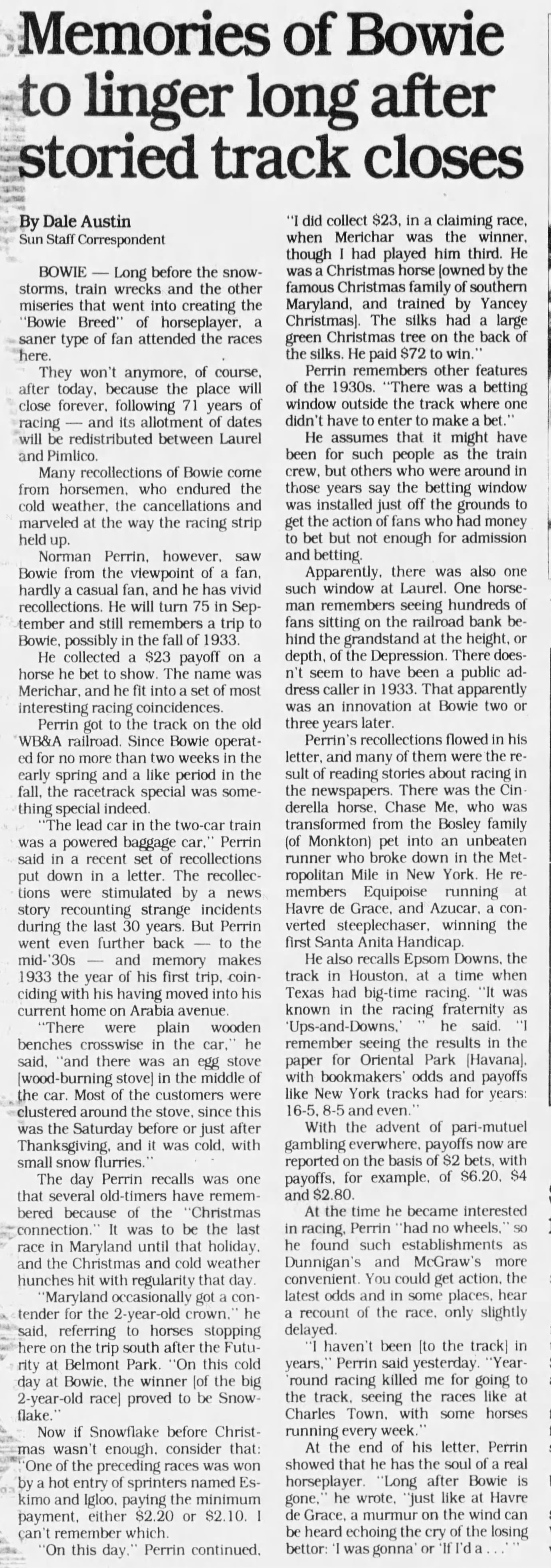Baltimore Evening Sun article: Memories of Bowie to linger long after storied track closes