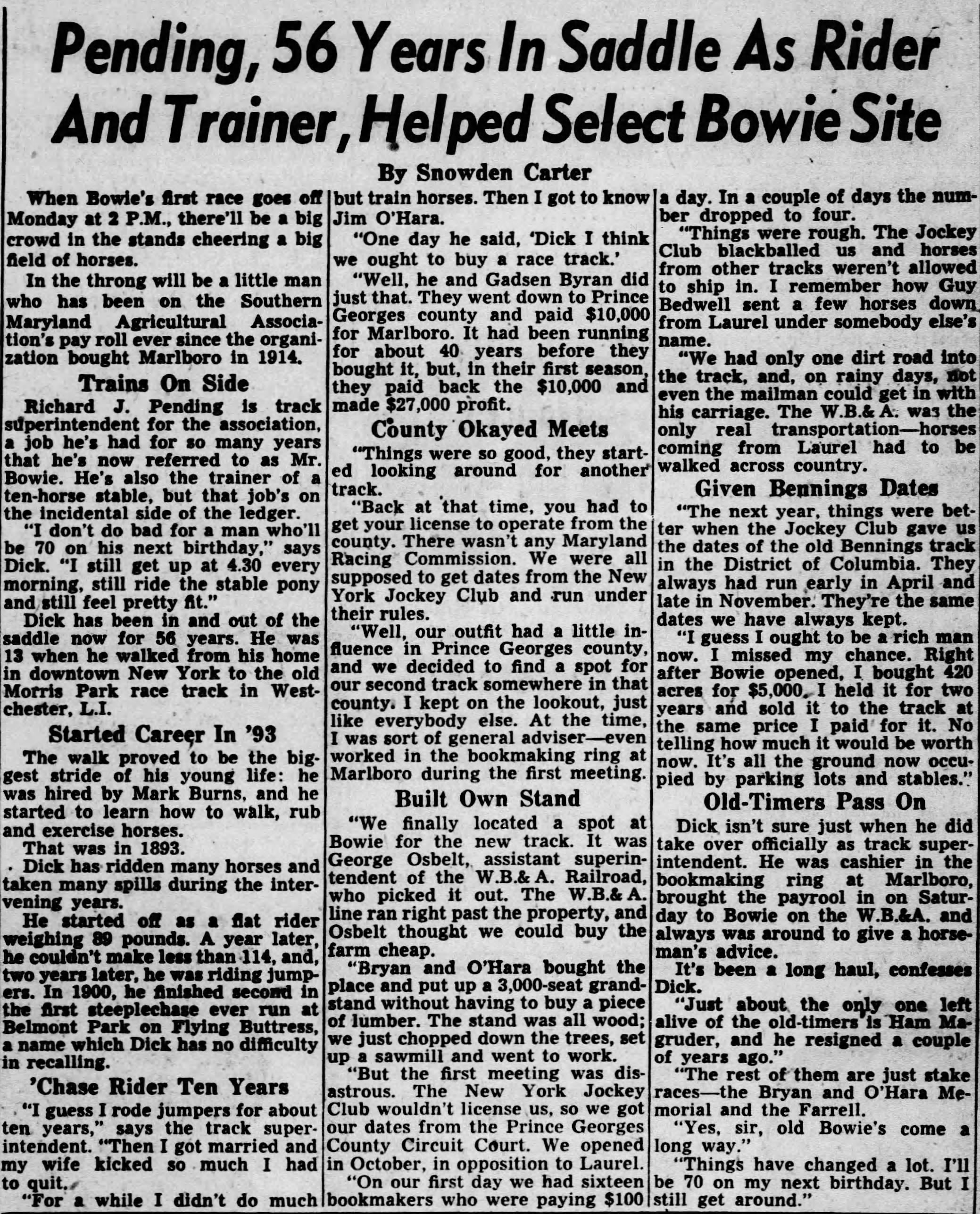 Baltimore Evening Sun 1949 article about Richard Pending and the founding of Bowie Race Track