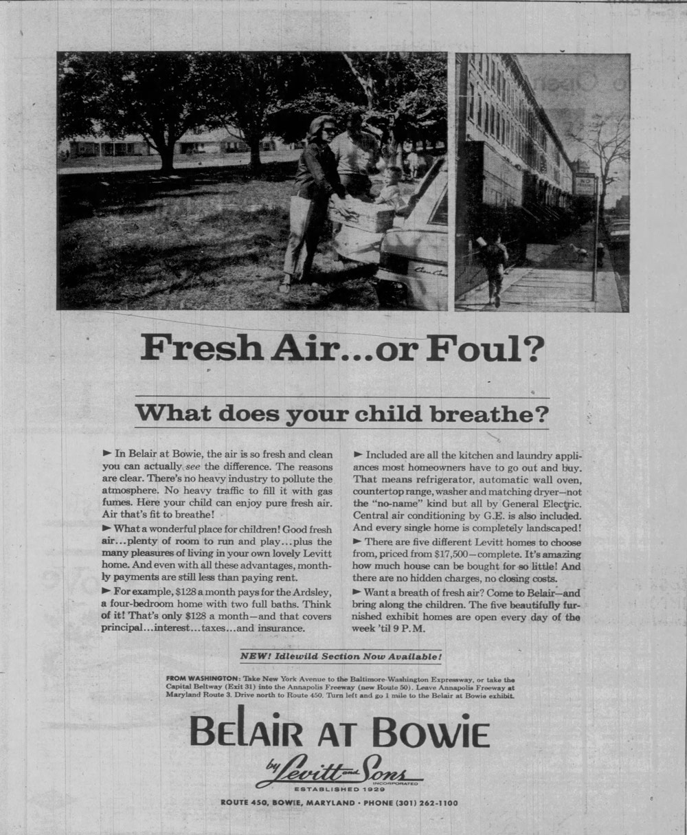 Levitt & Sons newspaper advertisement for Belair at Bowie, headlined 'Fresh Air...or Foul? What does your child breathe?' Contrasts a suburban street with a city apartment building. Notes the new Idlewild Section now available. Homes priced from $17,500 complete.