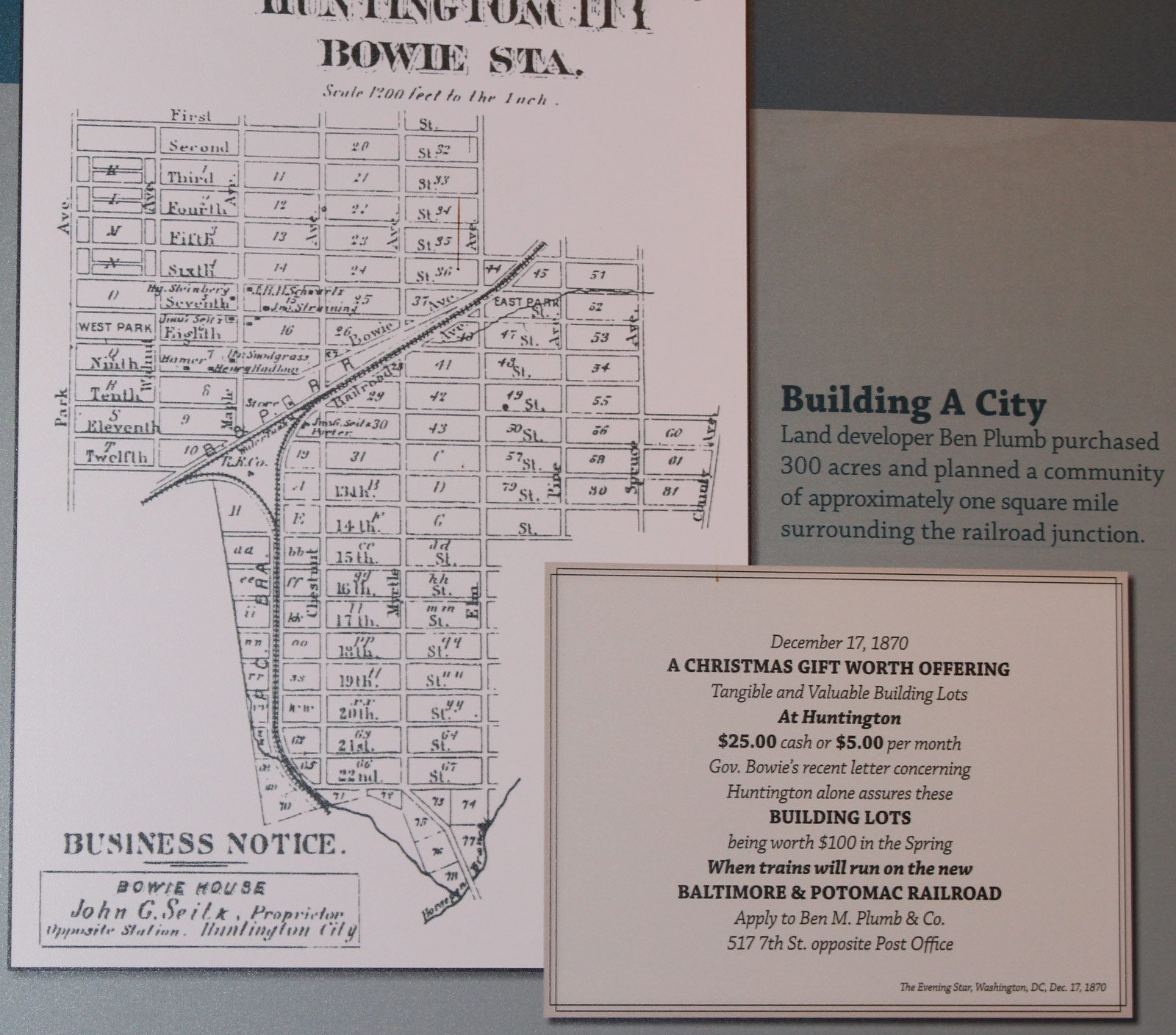 Map of Huntington City / Bowie Station, with the original Ben Plumb street grid, c. 1870, and a reproduction of the December 17, 1870 Washington Evening Star advertisement