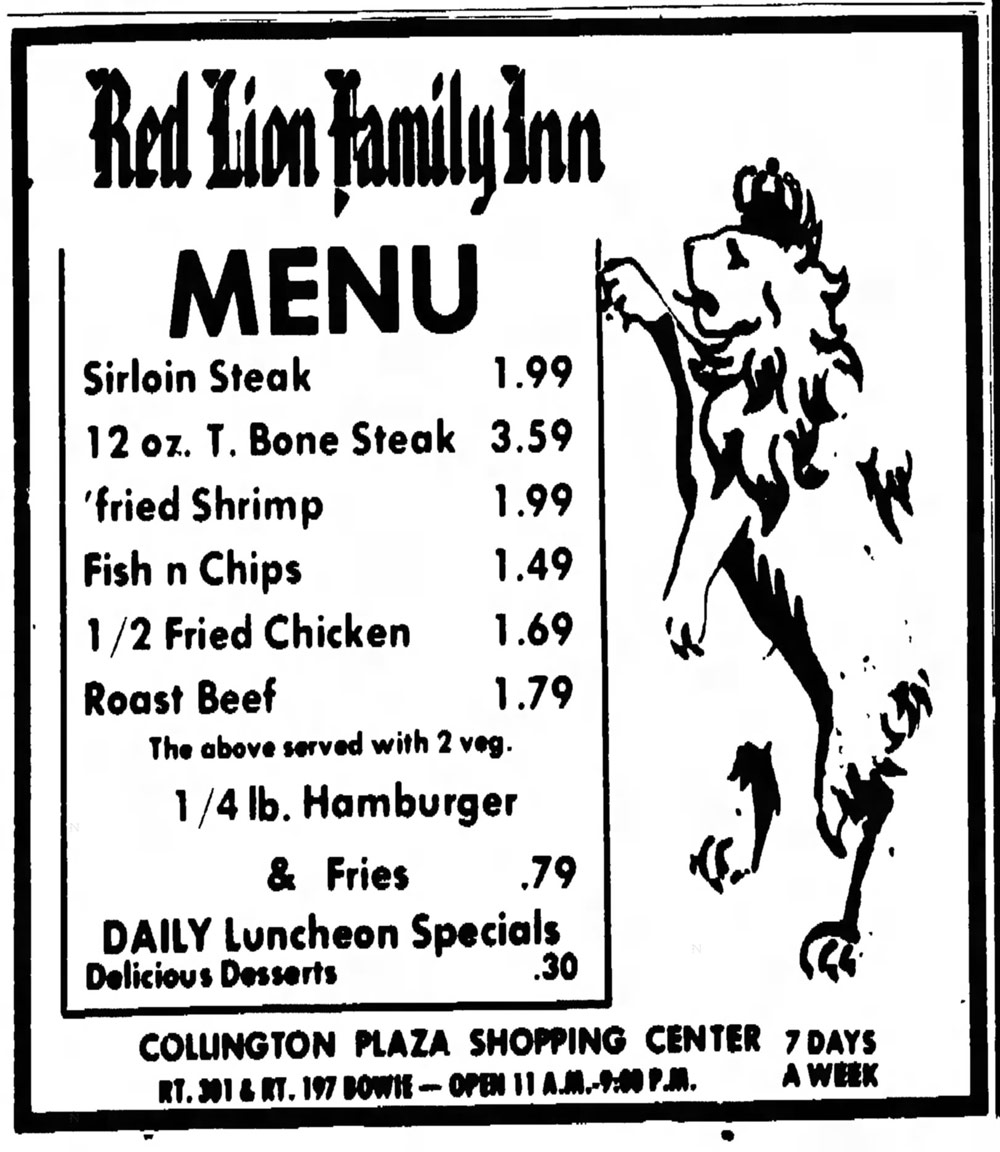 Red Lion Family Inn menu advertisement from The Capital newspaper, June 4, 1971. Shows prices including sirloin steak $1.99, 12 oz. T-bone steak $3.59, fried shrimp $1.99, fish and chips $1.49, half fried chicken $1.69, roast beef $1.79, and a quarter-pound hamburger and fries for 79 cents. Located at Collington Plaza Shopping Center, Rt. 301 & Rt. 197, Bowie.
