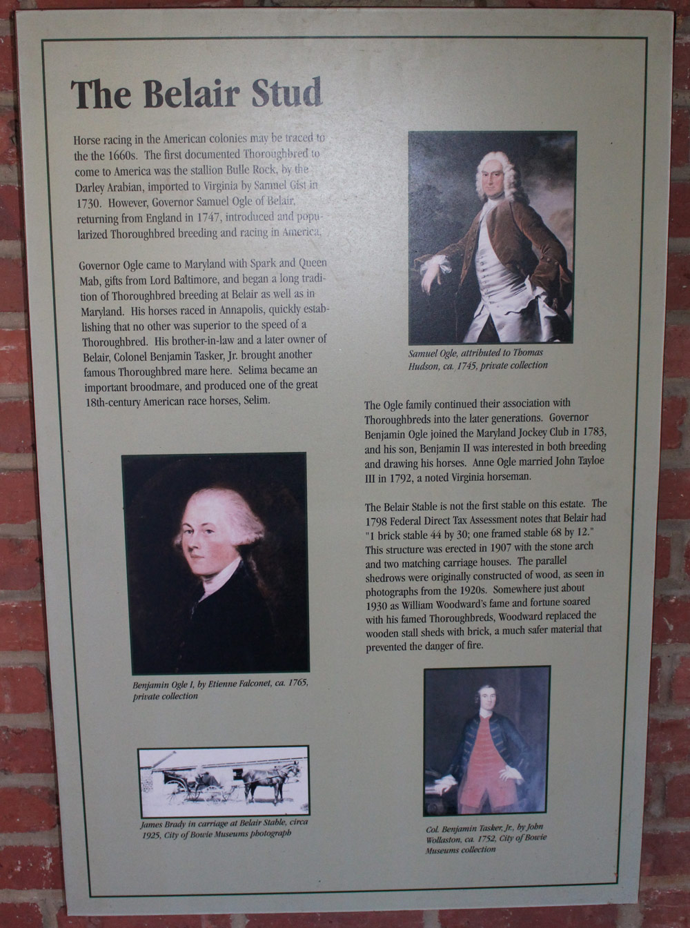 Belair Stud interpretive panel at the Belair Stable Museum, featuring portraits of Samuel Ogle and Benjamin Tasker Jr.
