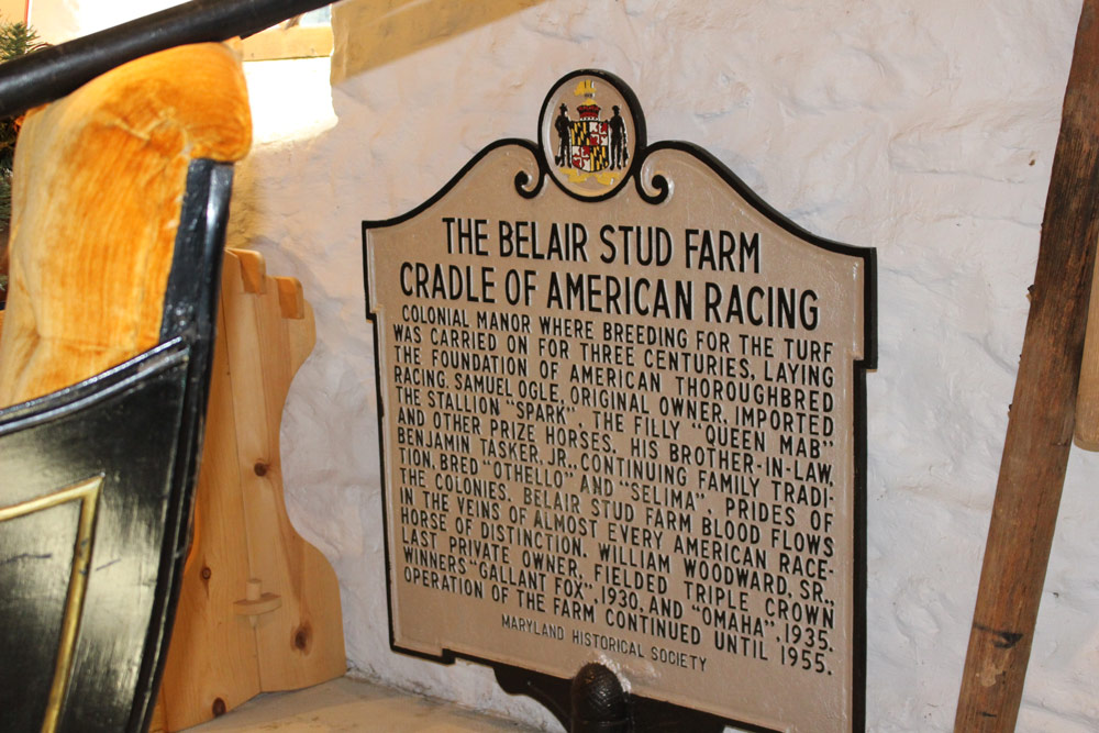 The Belair Stud Farm historical marker, Maryland Historical Trust 1968. Text reads: Cradle of American Racing.