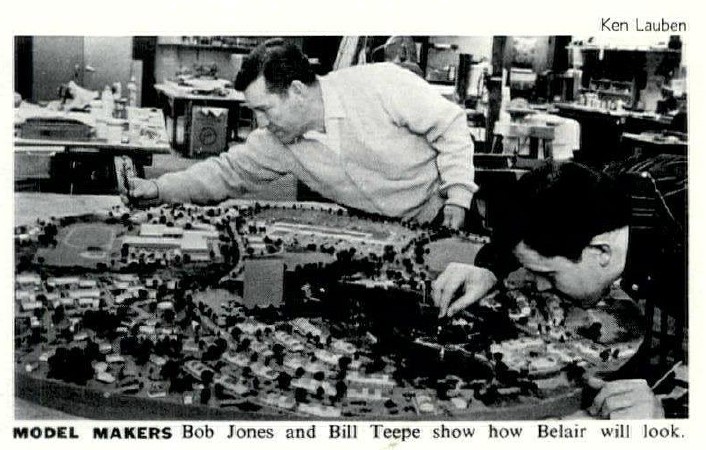 Photograph of model makers Bob Jones and Bill Teepe working on the Levitt scale model of Belair Village, published in House and Home magazine, April 1968. Photo credit: Ken Lauben.