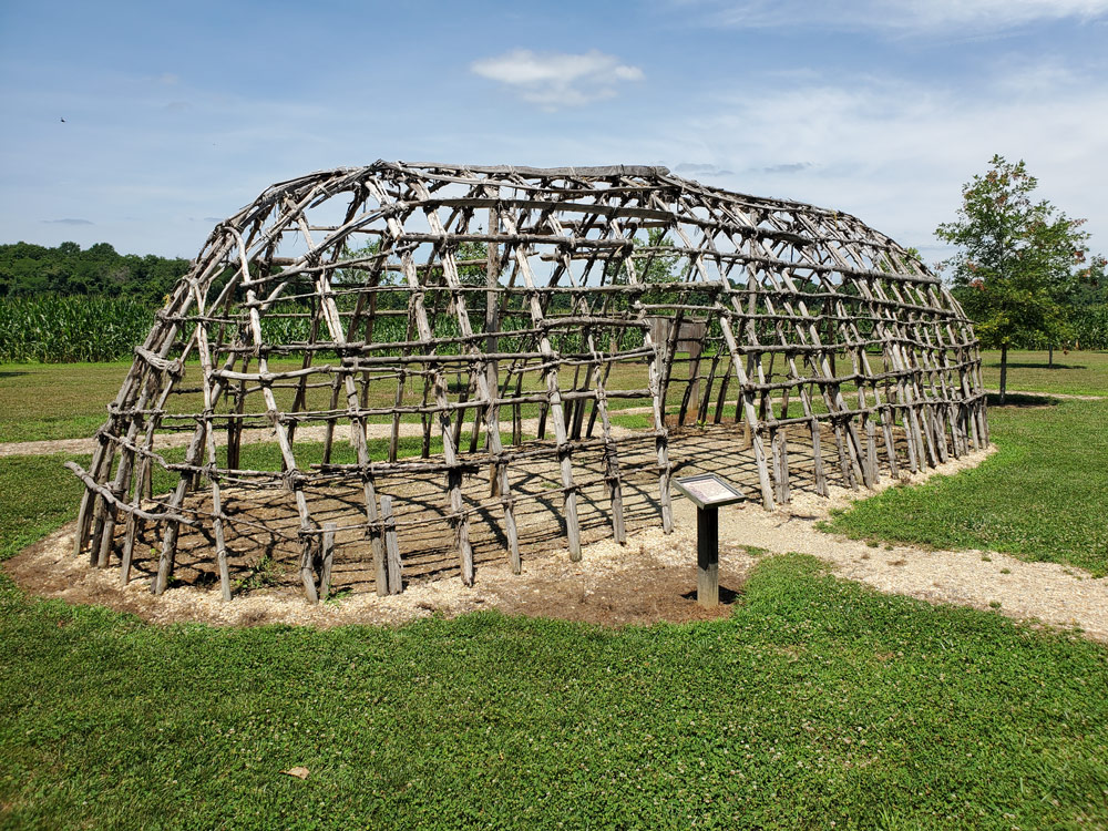 Replica Woodland Indian longhouse frame at the American Indian Village, Patuxent River Park