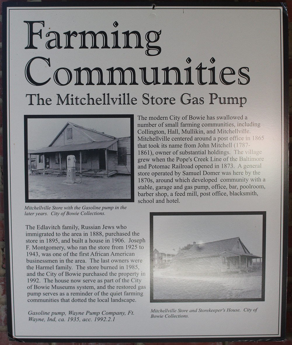Farming Communities interpretive sign at the Belair Stable Museum, titled 'The Mitchellville Store Gas Pump.' Includes two historic photographs of the Mitchellville Store and Storekeeper's House from the City of Bowie Collections.